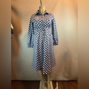 Cortigiani Dress Blue Denim White Polka Dots A Line Long Sleeve Dress Sz 15/16Y